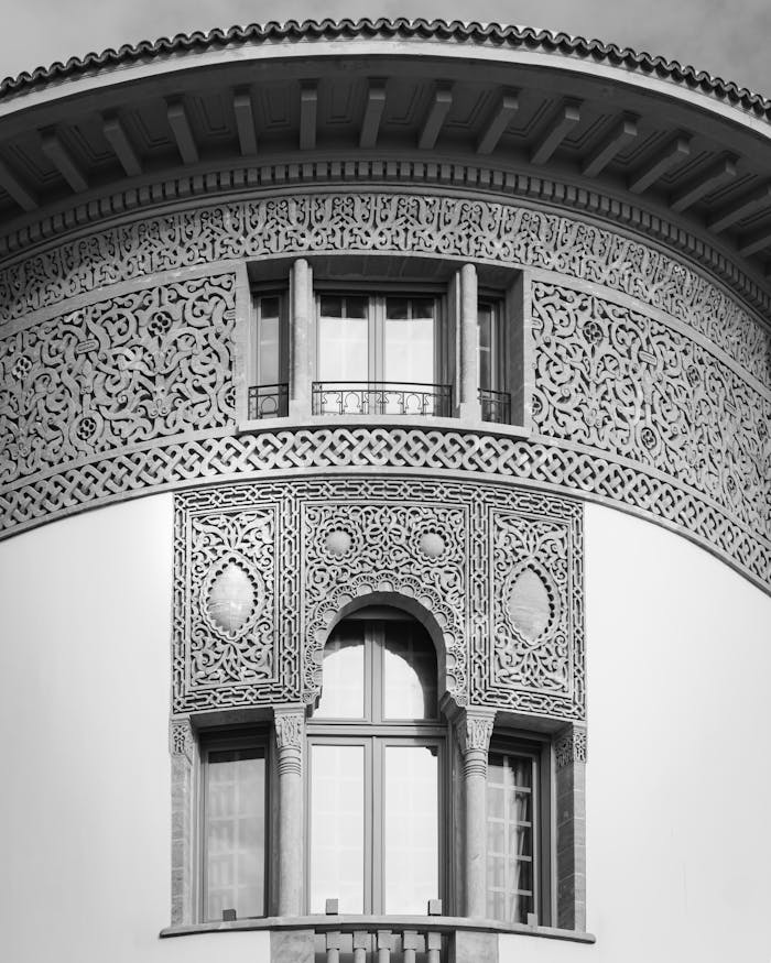 Detailed view of Moroccan ornamental facade in Rabat, showcasing Islamic art.